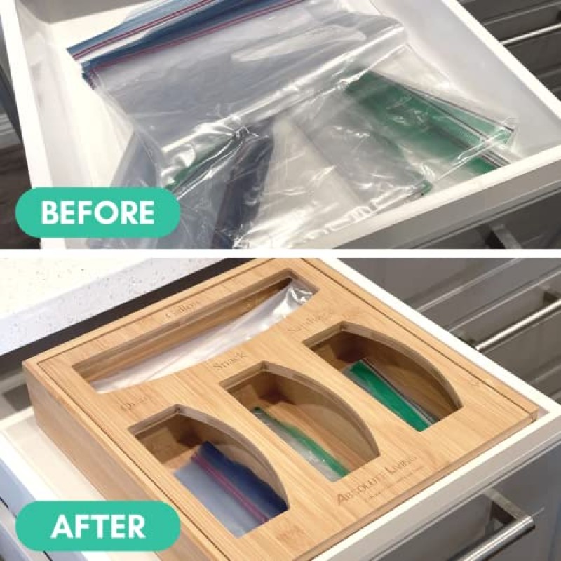 서랍용 Absolute Living 대나무 지플락 가방 정리함 - 정리에 적합 - 4-in-1 친환경 지퍼락 가방 정리함 - (갤런, 쿼트, 샌드위치, 스낵) - 플라스틱 샌드위치 가방 정리함 보관