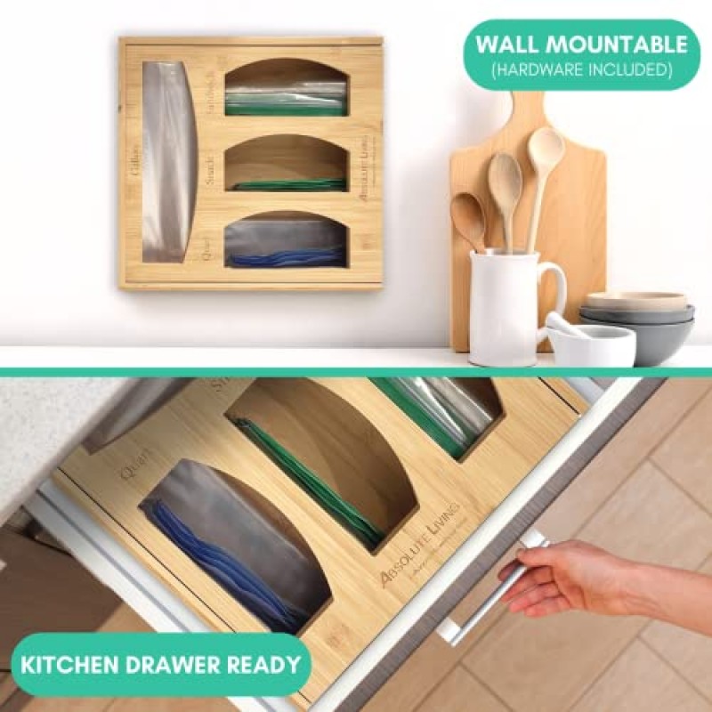 서랍용 Absolute Living 대나무 지플락 가방 정리함 - 정리에 적합 - 4-in-1 친환경 지퍼락 가방 정리함 - (갤런, 쿼트, 샌드위치, 스낵) - 플라스틱 샌드위치 가방 정리함 보관