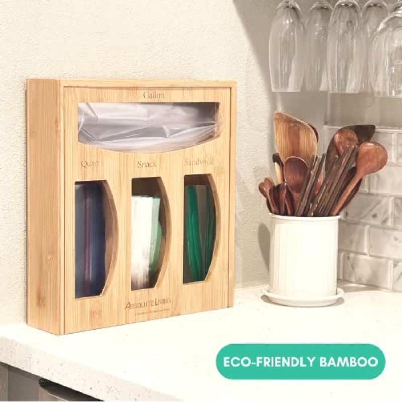 서랍용 Absolute Living 대나무 지플락 가방 정리함 - 정리에 적합 - 4-in-1 친환경 지퍼락 가방 정리함 - (갤런, 쿼트, 샌드위치, 스낵) - 플라스틱 샌드위치 가방 정리함 보관