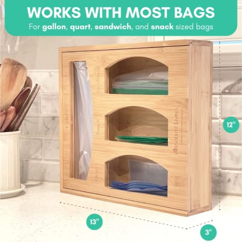 서랍용 Absolute Living 대나무 지플락 가방 정리함 - 정리에 적합 - 4-in-1 친환경 지퍼락 가방 정리함 - (갤런, 쿼트, 샌드위치, 스낵) - 플라스틱 샌드위치 가방 정리함 보관