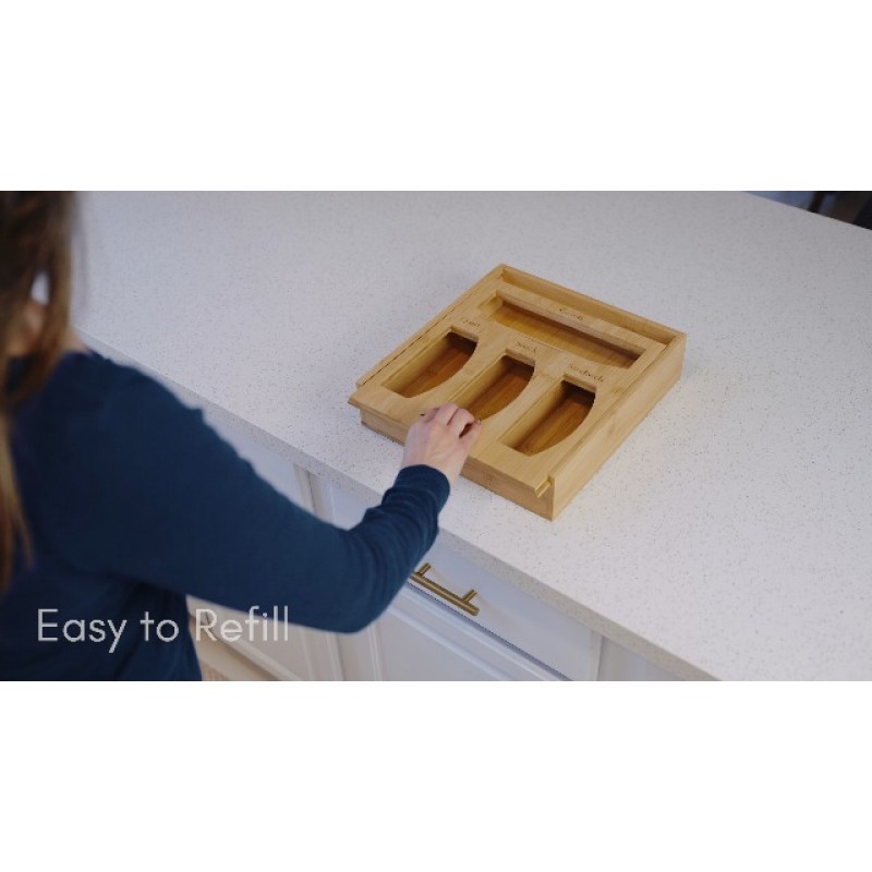 서랍용 Absolute Living 대나무 지플락 가방 정리함 - 정리에 적합 - 4-in-1 친환경 지퍼락 가방 정리함 - (갤런, 쿼트, 샌드위치, 스낵) - 플라스틱 샌드위치 가방 정리함 보관