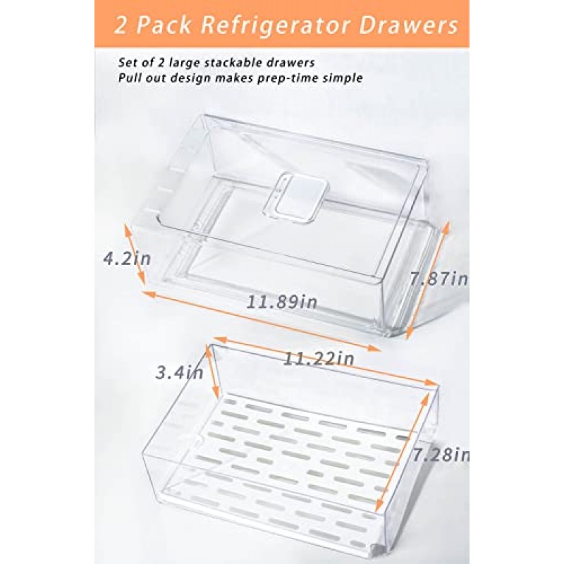 Ornafort 2팩 투명 냉장고 서랍 주최자 쌓을 수 있는 냉장고 서랍 서랍 꺼내기 상자 플라스틱 슬라이딩 홈 편집 저장 용기 욕실 식료품 저장실 캐비닛 주방, 선물로(식기세척기 안전하지 않음)