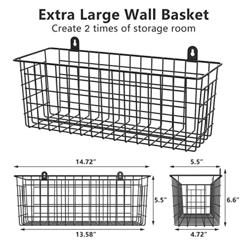 MaraFansie [초대형] 와이어 바구니 2팩 걸이형 벽 정리함 캐비닛 보관 바구니 벽걸이형 선반 가정용 주방 욕실용 소박한 농가 장식, 검정색