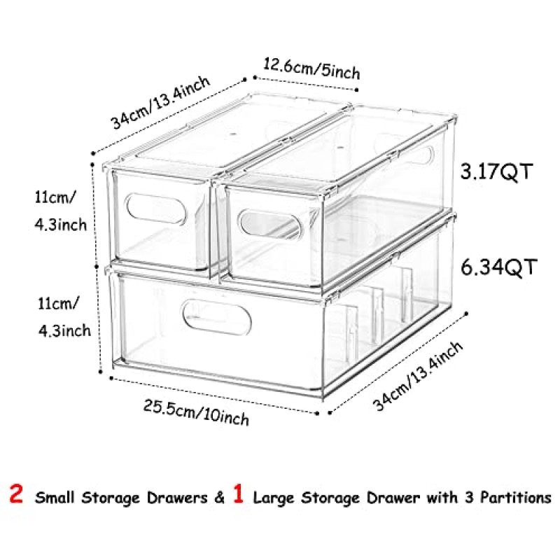 Wonlooker 3팩 냉장고 정리함(인출식 서랍 포함), 쌓을 수 있는 냉장고 서랍 정리함 세트(손잡이 포함), 냉동고, 캐비닛, 주방, 식료품 저장실용 투명 플라스틱 식품 보관 용기