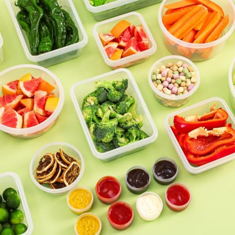 Moretoes 54개 뚜껑이 있는 밀폐형 식품 보관 용기, 스냅 뚜껑 27개 및 중첩 용기 27개 주방용 라벨이 있는 플라스틱 쌓을 수 있는 용기, 냉장고 정리, BPA 없음, 식기 세척기 사용 가능 전자레인지 안전