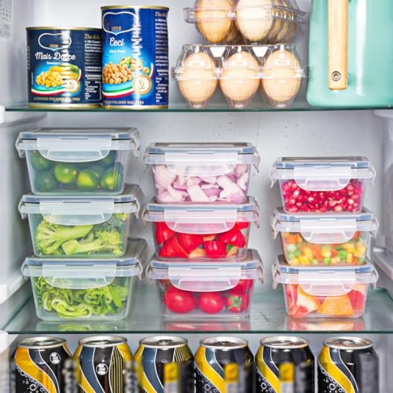 Moretoes 54개 뚜껑이 있는 밀폐형 식품 보관 용기, 스냅 뚜껑 27개 및 중첩 용기 27개 주방용 라벨이 있는 플라스틱 쌓을 수 있는 용기, 냉장고 정리, BPA 없음, 식기 세척기 사용 가능 전자레인지 안전