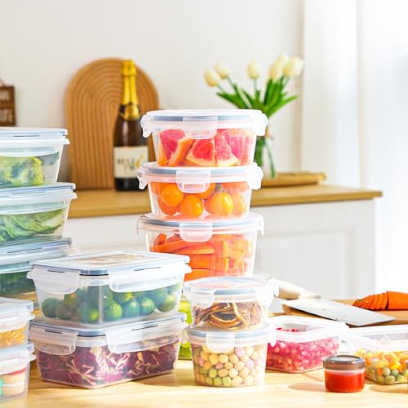 Moretoes 54개 뚜껑이 있는 밀폐형 식품 보관 용기, 스냅 뚜껑 27개 및 중첩 용기 27개 주방용 라벨이 있는 플라스틱 쌓을 수 있는 용기, 냉장고 정리, BPA 없음, 식기 세척기 사용 가능 전자레인지 안전