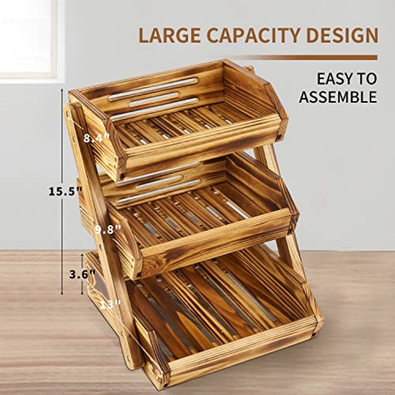 주방용 목재 3단 과일 바구니, 주방 조리대용 과일 스탠드, 야채 생산 빵 보관 홀더, 농산물, 가정 보관 및 디스플레이에 적합한 주방 정리(자체 조립)