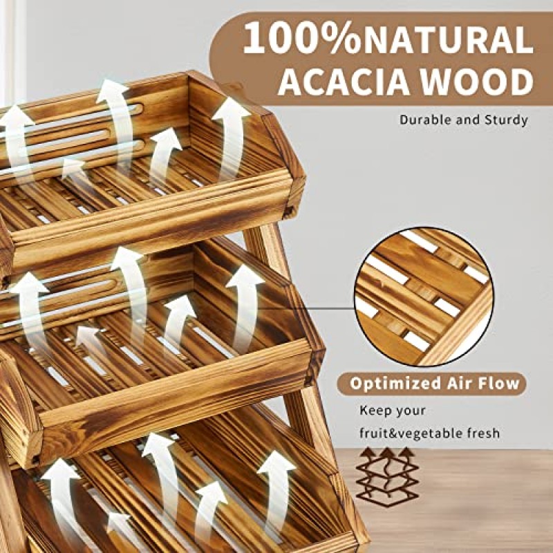 주방용 목재 3단 과일 바구니, 주방 조리대용 과일 스탠드, 야채 생산 빵 보관 홀더, 농산물, 가정 보관 및 디스플레이에 적합한 주방 정리(자체 조립)