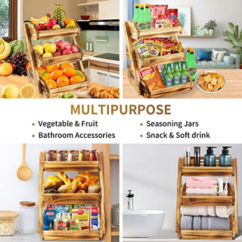 주방용 목재 3단 과일 바구니, 주방 조리대용 과일 스탠드, 야채 생산 빵 보관 홀더, 농산물, 가정 보관 및 디스플레이에 적합한 주방 정리(자체 조립)