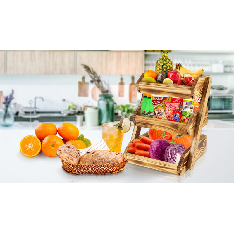 주방용 목재 3단 과일 바구니, 주방 조리대용 과일 스탠드, 야채 생산 빵 보관 홀더, 농산물, 가정 보관 및 디스플레이에 적합한 주방 정리(자체 조립)
