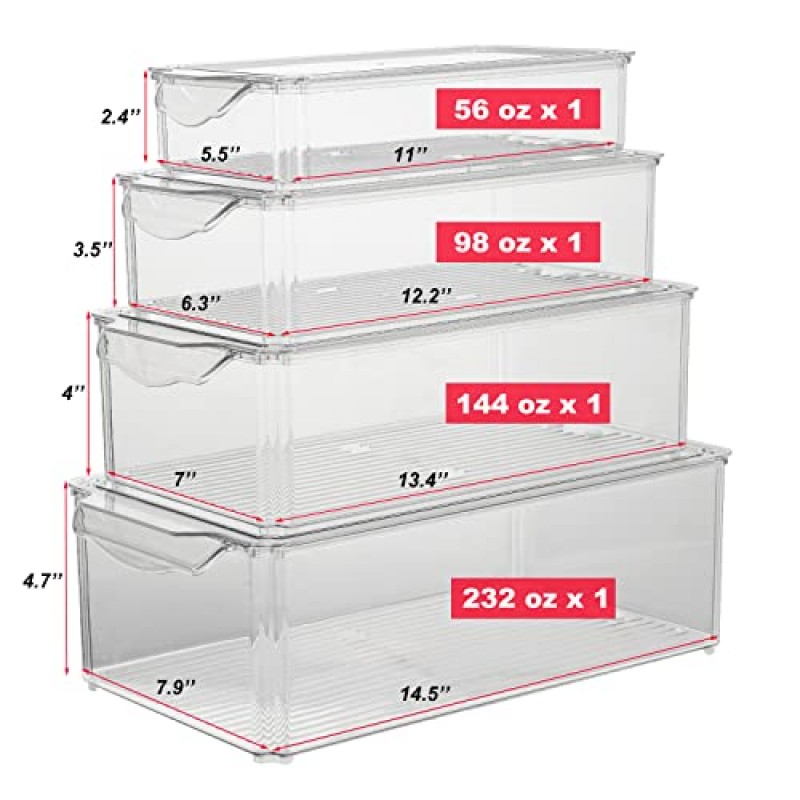 뚜껑이 있는 냉장고 정리함 4개로 구성된 Taiuloo 세트, 손잡이가 있는 쌓을 수 있는 냉장고 보관 정리함 세트, 캐비닛, 주방, 식품 저장실 정리용 BPA 없는 투명 식품 보관 용기 케이스