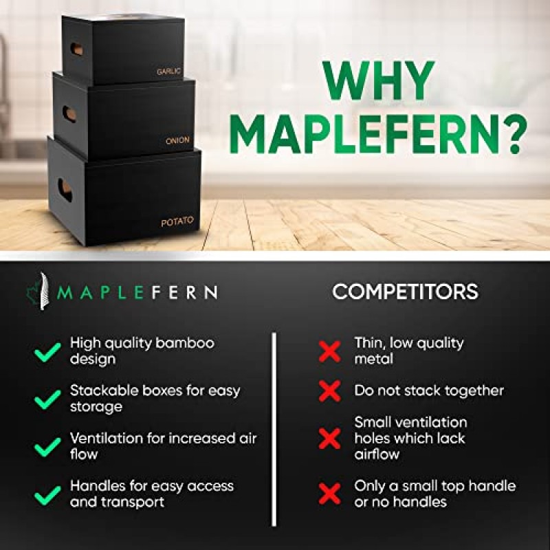 MapleFern 감자 양파 및 마늘 보관 대나무 야채 용기 3피스 쌓을 수 있고 식료품 저장실 또는 카운터용 검은색 각인 용기, 간편한 보관 목재 주방 액세서리, 현대식 캐니스터 주방 세트