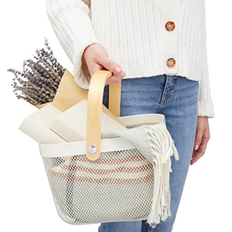 주방, 식품 저장실 보관 및 정리용 나무 손잡이가 있는 사각 금속 메쉬 과일 바구니 4팩(9.5 x 7인치, 흰색)