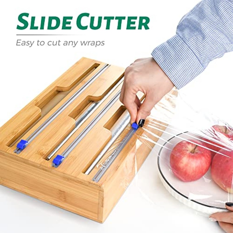 호일 및 플라스틱 랩 정리함, 커터가 포함된 3 in 1 대나무 플라스틱 랩 디스펜서, 주방용 알루미늄 호일 정리 및 보관함, 서랍용 롤 정리함 홀더, 13인치 롤에 맞습니다.