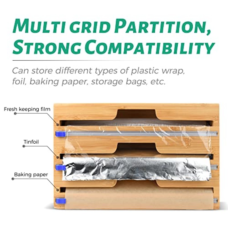 호일 및 플라스틱 랩 정리함, 커터가 포함된 3 in 1 대나무 플라스틱 랩 디스펜서, 주방용 알루미늄 호일 정리 및 보관함, 서랍용 롤 정리함 홀더, 13인치 롤에 맞습니다.