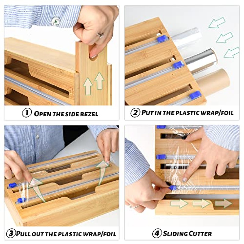 호일 및 플라스틱 랩 정리함, 커터가 포함된 3 in 1 대나무 플라스틱 랩 디스펜서, 주방용 알루미늄 호일 정리 및 보관함, 서랍용 롤 정리함 홀더, 13인치 롤에 맞습니다.