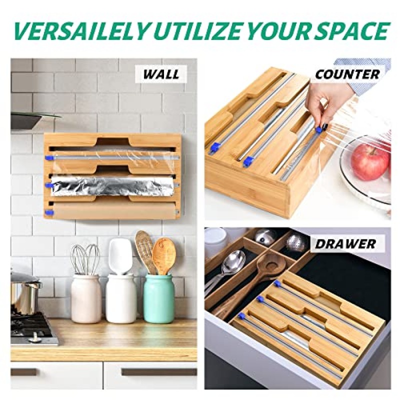 호일 및 플라스틱 랩 정리함, 커터가 포함된 3 in 1 대나무 플라스틱 랩 디스펜서, 주방용 알루미늄 호일 정리 및 보관함, 서랍용 롤 정리함 홀더, 13인치 롤에 맞습니다.