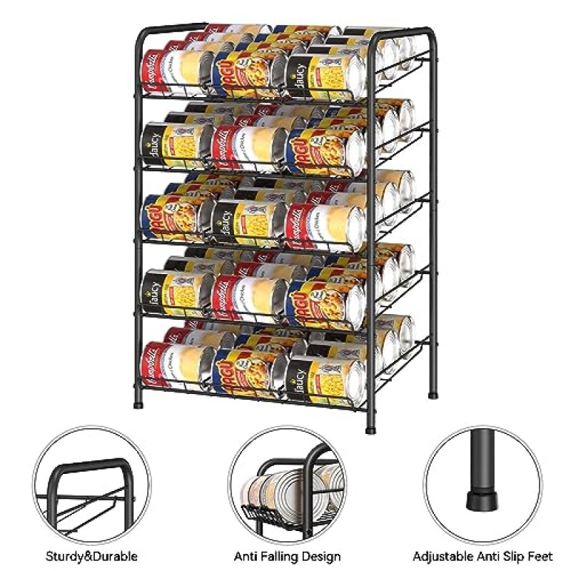 캔 랙 주최자, 5단 캔 보관 디스펜서 홀더, 주방 식료품 저장실 캐비닛 조직 및 보관용 통조림 식품 보관 주최자 랙 - 검정색