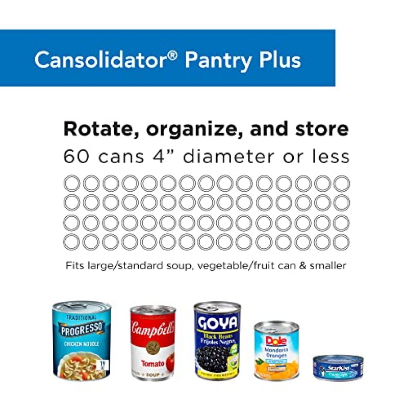 식료품 저장실용 선반 의존 Cansolidator Pantry Plus 60 캔 정리함 | 회전식 통조림 보관 주방 정리함 및 보관