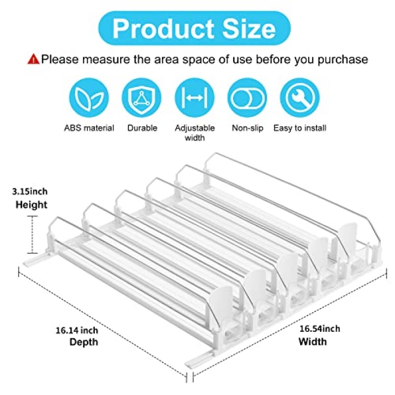 냉장고용 음료 정리함, 냉장고용 자체 추진식 소다 캔 정리함, 폭 조절 가능한 푸셔 글라이드, 맥주 팝 캔 물병 보관용 냉장고 음료 정리함 - 흰색, 5줄