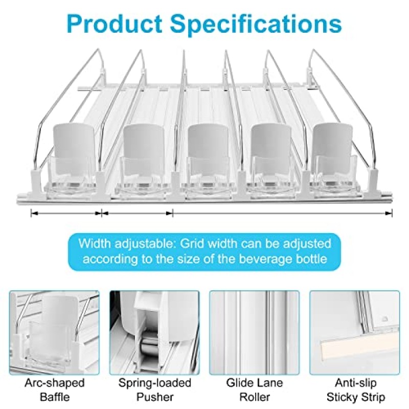 냉장고용 음료 정리함, 냉장고용 자체 추진식 소다 캔 정리함, 폭 조절 가능한 푸셔 글라이드, 맥주 팝 캔 물병 보관용 냉장고 음료 정리함 - 흰색, 5줄