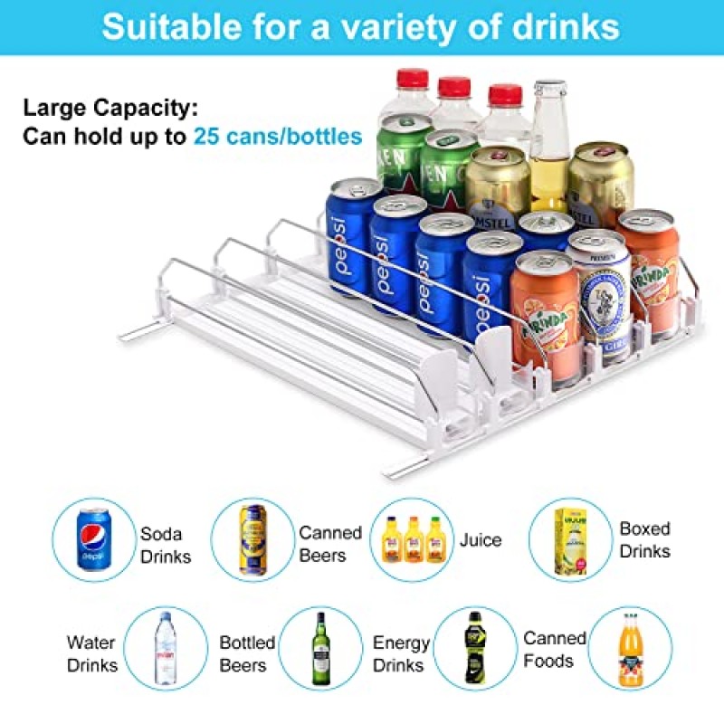 냉장고용 음료 정리함, 냉장고용 자체 추진식 소다 캔 정리함, 폭 조절 가능한 푸셔 글라이드, 맥주 팝 캔 물병 보관용 냉장고 음료 정리함 - 흰색, 5줄