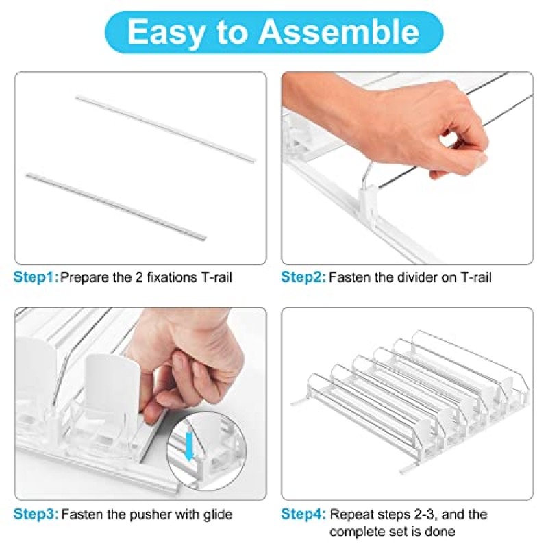 냉장고용 음료 정리함, 냉장고용 자체 추진식 소다 캔 정리함, 폭 조절 가능한 푸셔 글라이드, 맥주 팝 캔 물병 보관용 냉장고 음료 정리함 - 흰색, 5줄