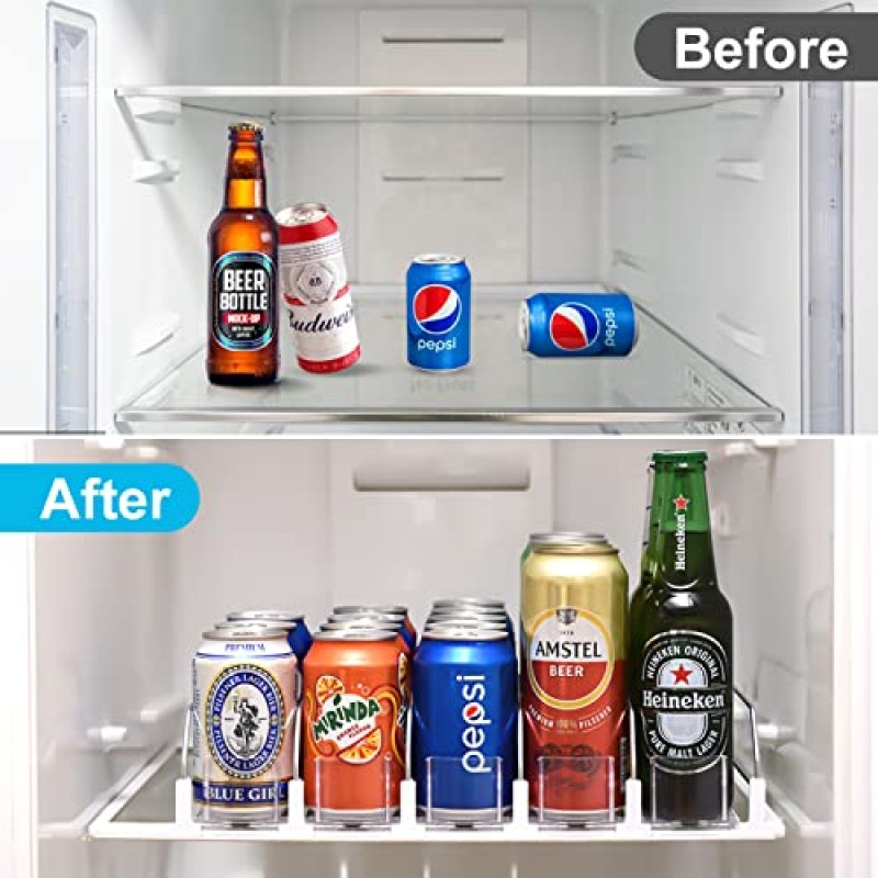 냉장고용 음료 정리함, 냉장고용 자체 추진식 소다 캔 정리함, 폭 조절 가능한 푸셔 글라이드, 맥주 팝 캔 물병 보관용 냉장고 음료 정리함 - 흰색, 5줄