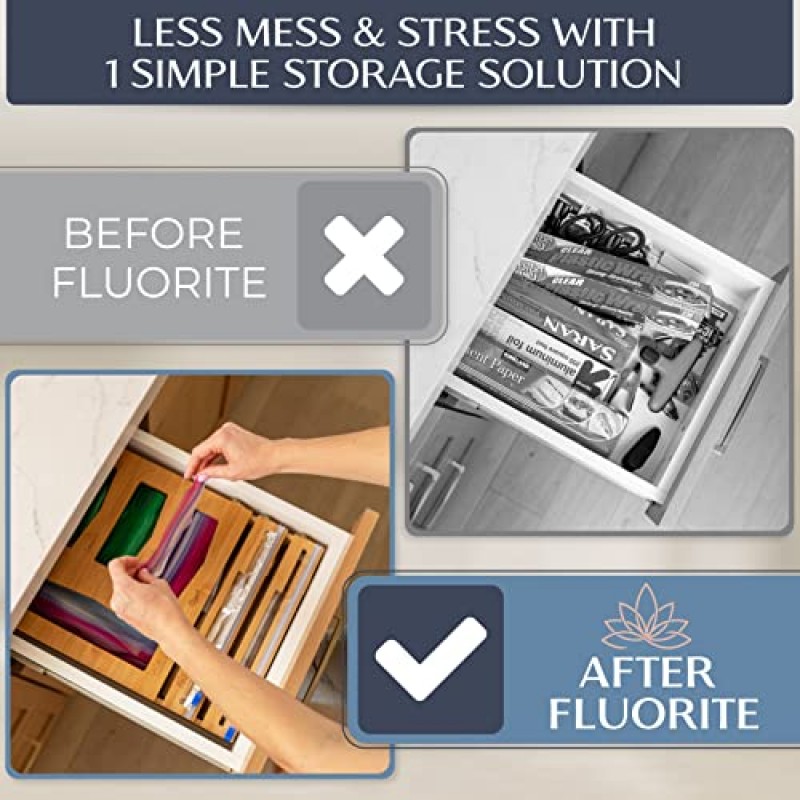 호일 및 플라스틱 랩용 형석 대나무 주방 서랍 정리함 - 서랍용 지플락 백 홀더 - 가방 보관 정리함 - 지플락 백, 호일 등을 위한 서랍 정리함