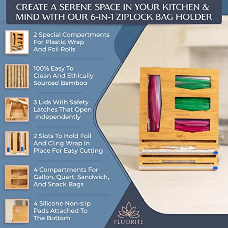 호일 및 플라스틱 랩용 형석 대나무 주방 서랍 정리함 - 서랍용 지플락 백 홀더 - 가방 보관 정리함 - 지플락 백, 호일 등을 위한 서랍 정리함