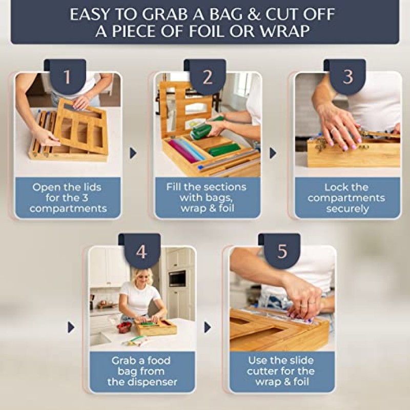 호일 및 플라스틱 랩용 형석 대나무 주방 서랍 정리함 - 서랍용 지플락 백 홀더 - 가방 보관 정리함 - 지플락 백, 호일 등을 위한 서랍 정리함