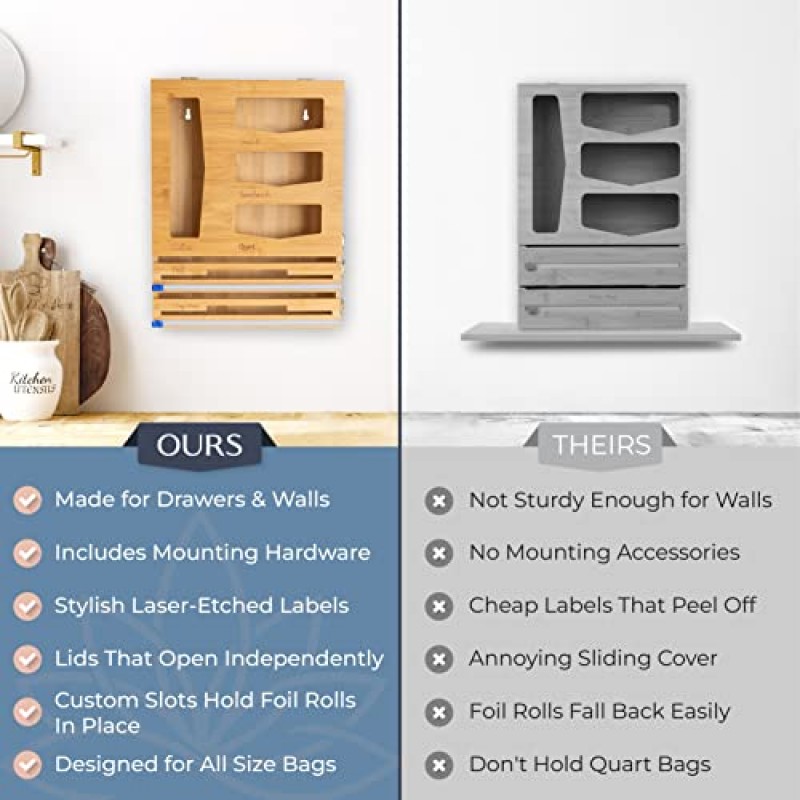 호일 및 플라스틱 랩용 형석 대나무 주방 서랍 정리함 - 서랍용 지플락 백 홀더 - 가방 보관 정리함 - 지플락 백, 호일 등을 위한 서랍 정리함