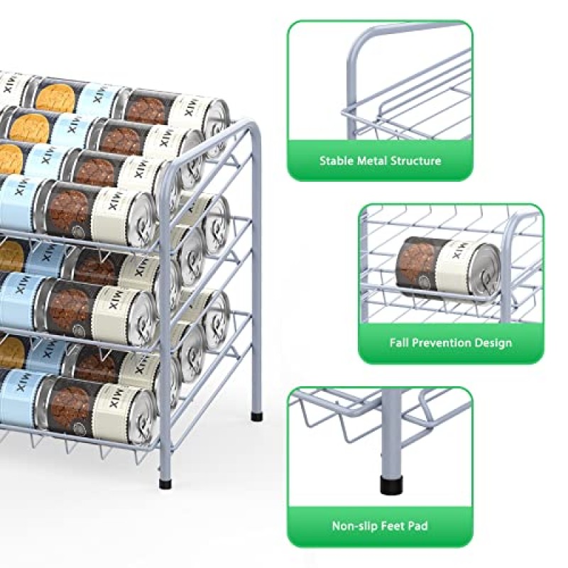 식료품 저장실용 캔 정리함 캔 보관 랙 3단 금속 캔 디스펜서는 72개의 캔을 보관할 수 있습니다. 식료품 저장실 주방 정리 및 보관용 은색 통조림 정리함 2 In 1