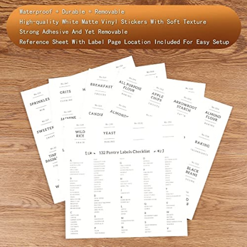 132개의 식료품 저장실 라벨이 미리 인쇄된 5개 유리 식품 저장 용기 - 밀폐된 대나무 뚜껑이 있는 두꺼운(3mm) 유리 저장 용기 - 사탕, 쿠키, 쌀, 설탕, 밀가루용 쌓을 수 있는 주방 용기 세트