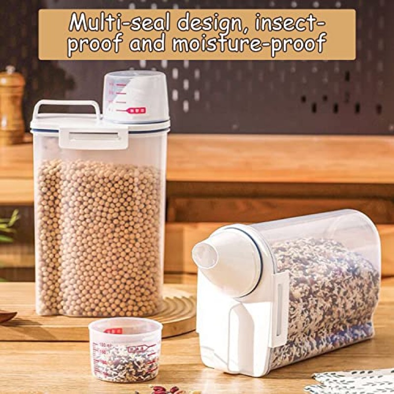 플라스틱 투명 탱크, 쌀 저장 배럴, 오트밀, 곡물, 시리얼, 파스타, 밀가루, 시리얼 용기 디스펜서 측정 컵 2KG 용량, 2피스용 곡물 저장 용기