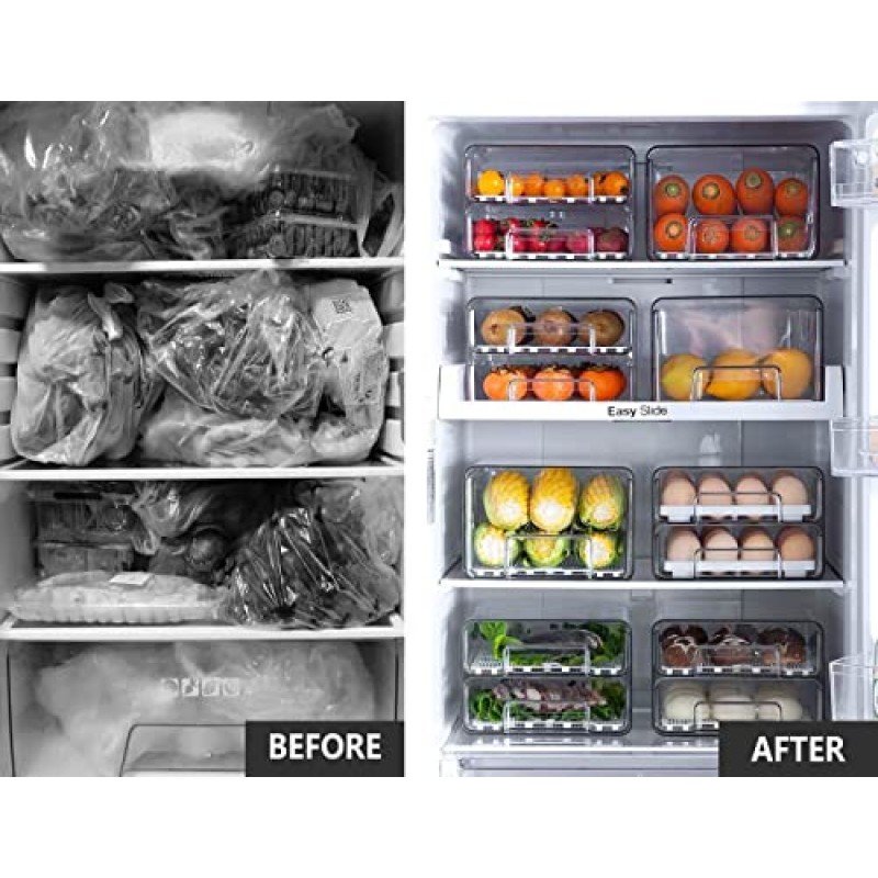 YouLike 2팩 쌓을 수 있는 냉장고 서랍은 냉장고 주최자용 상자를 꺼냅니다. 식료품 저장실 주방 캐비닛 사무실 조직을 위한 배수구가 있는 명확한 식품 저장 용기 세트