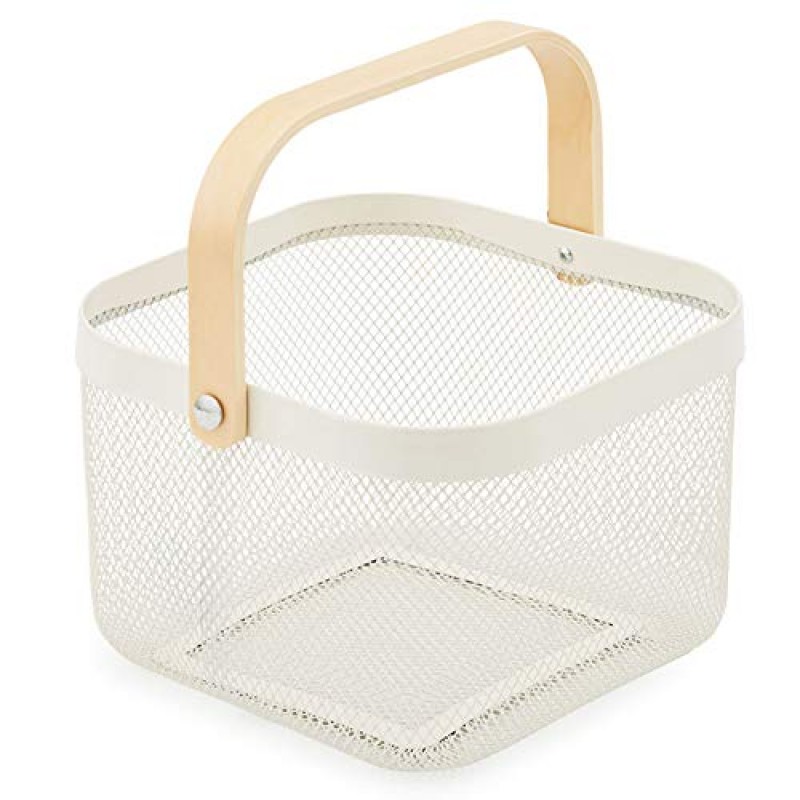 EZOWare 3팩 나무 손잡이가 있는 메쉬 금속 바구니 주방 욕실 식품 저장실 보관 조직에 이상적 - 흰색