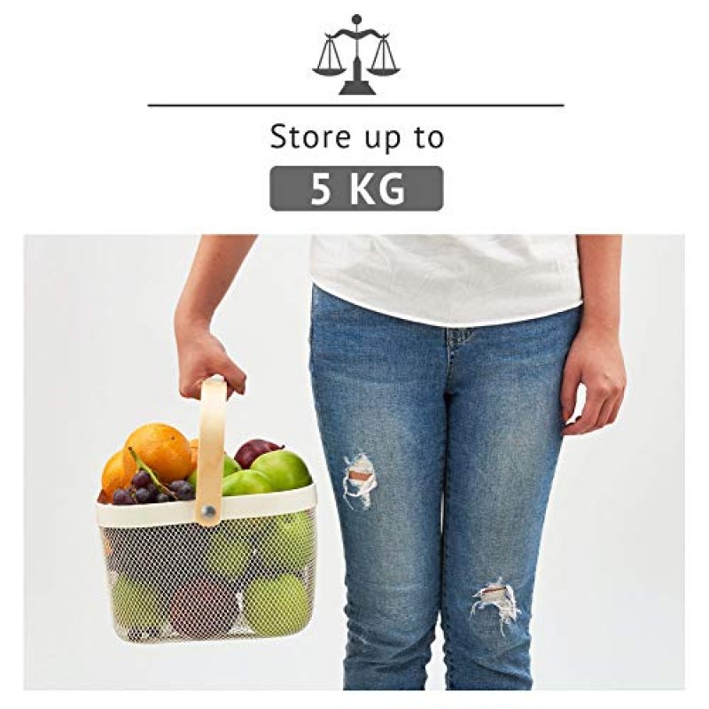 EZOWare 3팩 나무 손잡이가 있는 메쉬 금속 바구니 주방 욕실 식품 저장실 보관 조직에 이상적 - 흰색