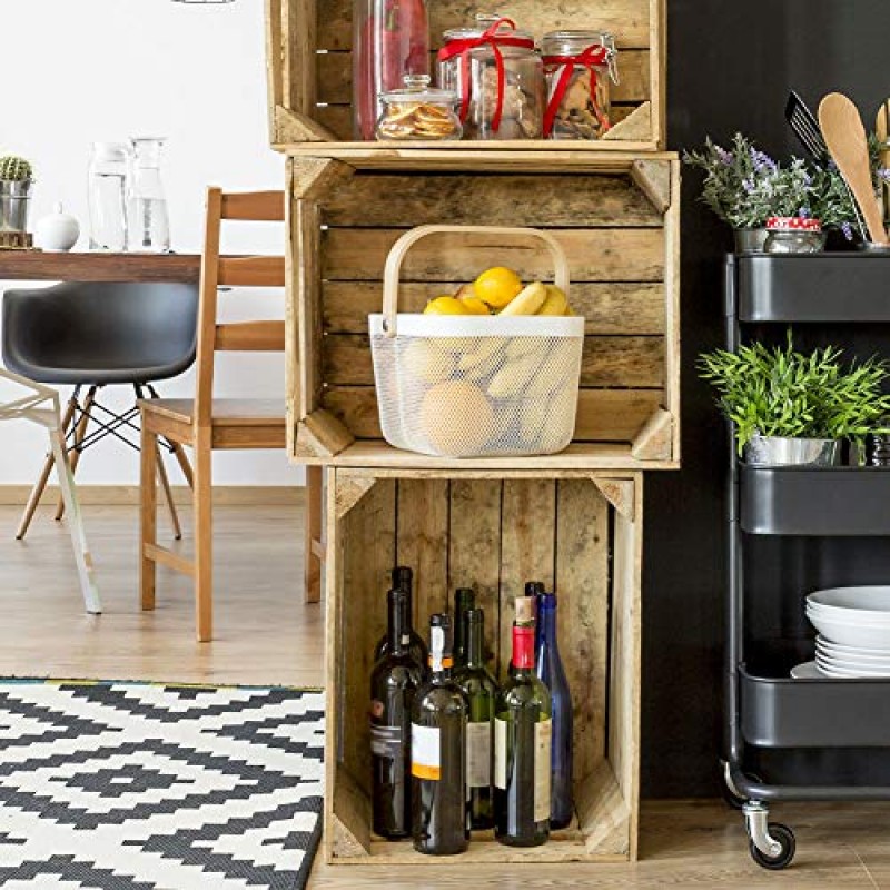 EZOWare 3팩 나무 손잡이가 있는 메쉬 금속 바구니 주방 욕실 식품 저장실 보관 조직에 이상적 - 흰색