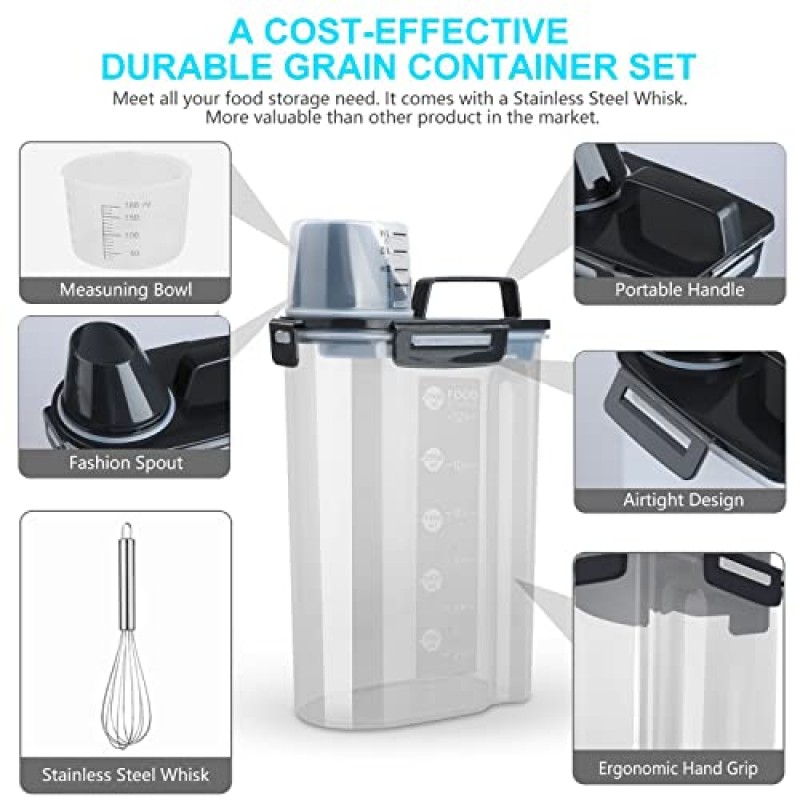 Uppetly 쌀 밀폐형 건조 식품 보관 용기, 부을 수 있는 주둥이가 있는 BPA 프리 플라스틱 보관함 디스펜서, 시리얼, 밀가루 및 베이킹 용품용 측정 컵, 스테인레스 스틸 거품기 포함