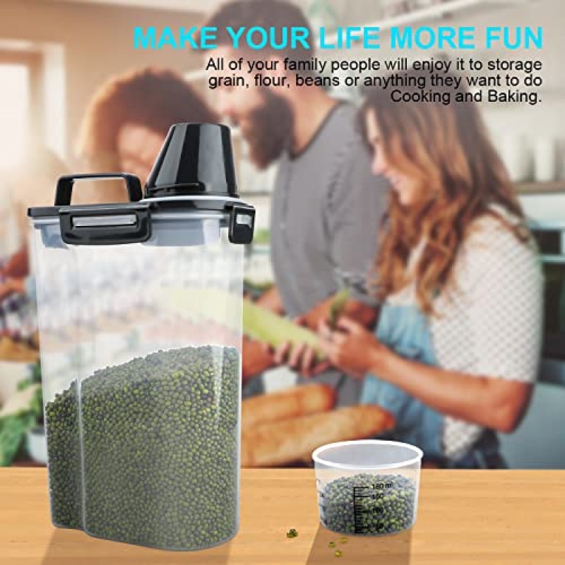 Uppetly 쌀 밀폐형 건조 식품 보관 용기, 부을 수 있는 주둥이가 있는 BPA 프리 플라스틱 보관함 디스펜서, 시리얼, 밀가루 및 베이킹 용품용 측정 컵, 스테인레스 스틸 거품기 포함