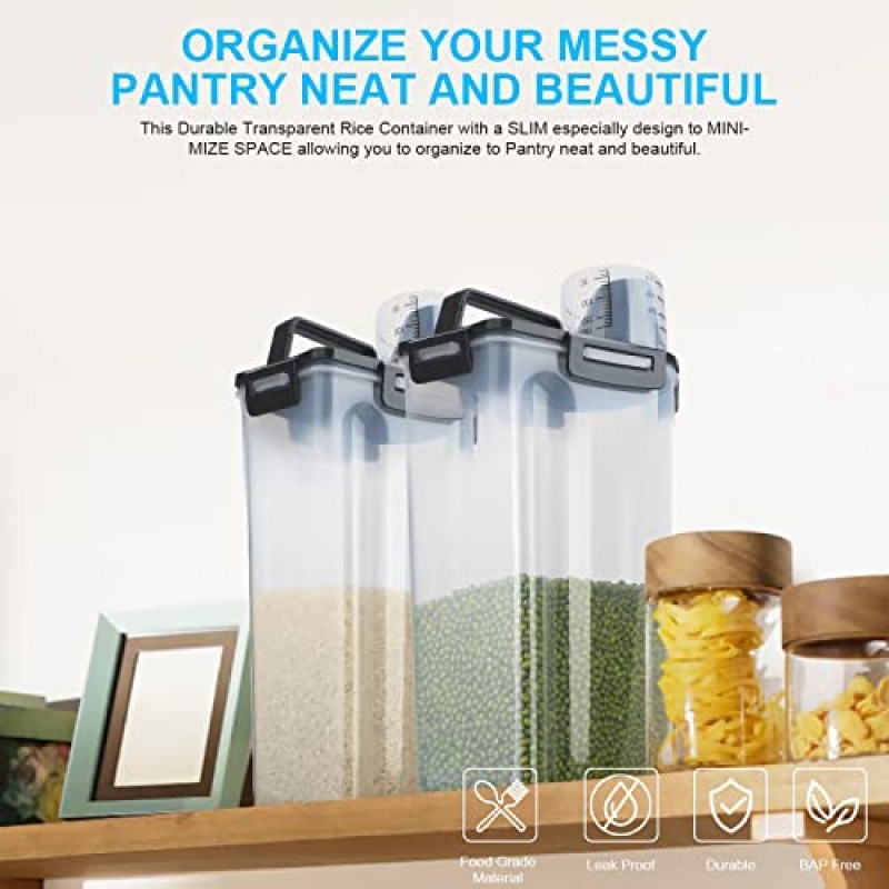 Uppetly 쌀 밀폐형 건조 식품 보관 용기, 부을 수 있는 주둥이가 있는 BPA 프리 플라스틱 보관함 디스펜서, 시리얼, 밀가루 및 베이킹 용품용 측정 컵, 스테인레스 스틸 거품기 포함