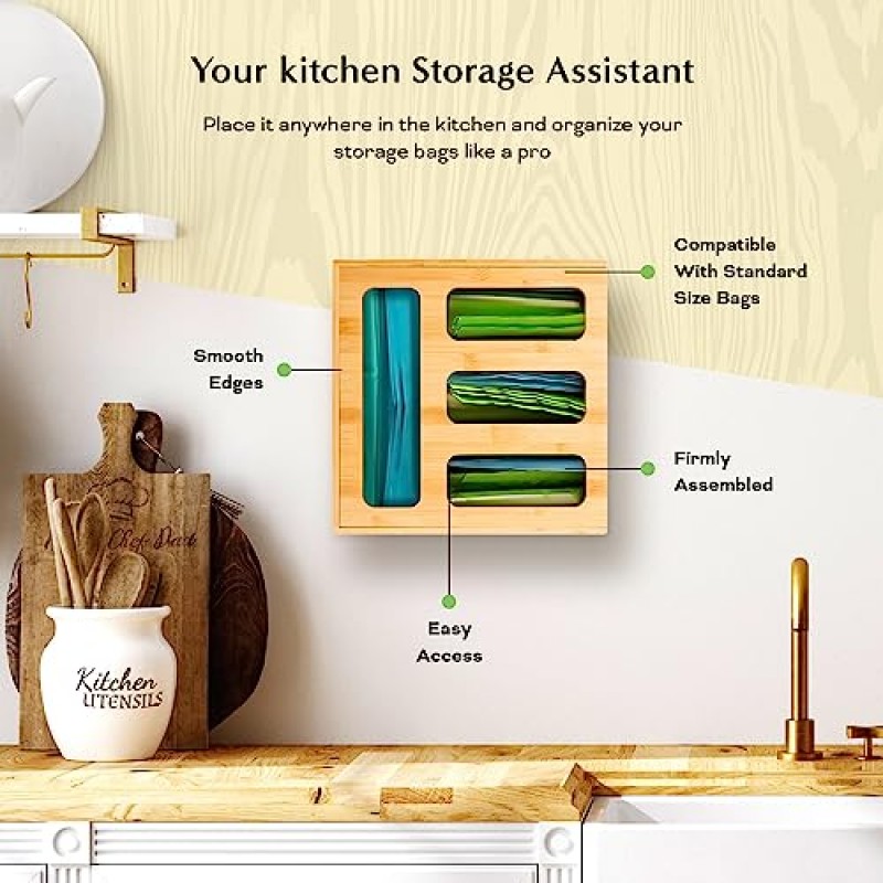 Umiboo 대나무 서랍용 지퍼락 가방 정리함, 지퍼락 가방 정리함, 지퍼락 가방 정리함, 수납 가방 정리함, 주방 서랍용 샌드위치 가방 정리함, 비닐봉지 정리함