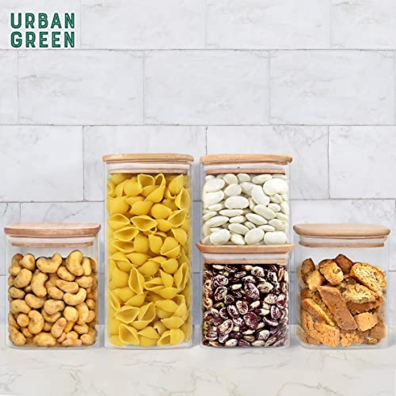 대나무 뚜껑이 있는 도시형 녹색 유리병, 유리 밀폐 용기 세트, 유리 용기, 밀폐 용기, 식료품 저장실 정리 및 보관, 욕실 정리함, 양념병, 밀가루 3팩 포함