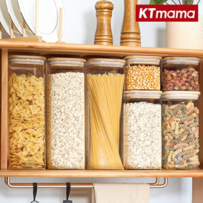 KTMAMA 대나무 뚜껑이 있는 밀폐 식품 저장 용기, 주방 식료품 저장실 정리용 키 큰 유리 저장 용기 3개 세트, 시리얼, 스파게티, 파스타, 국수, 설탕(71온스)에 이상적