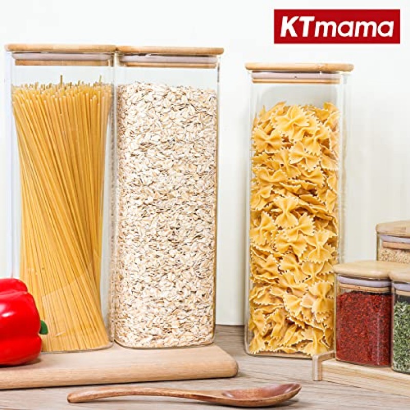 KTMAMA 대나무 뚜껑이 있는 밀폐 식품 저장 용기, 주방 식료품 저장실 정리용 키 큰 유리 저장 용기 3개 세트, 시리얼, 스파게티, 파스타, 국수, 설탕(71온스)에 이상적