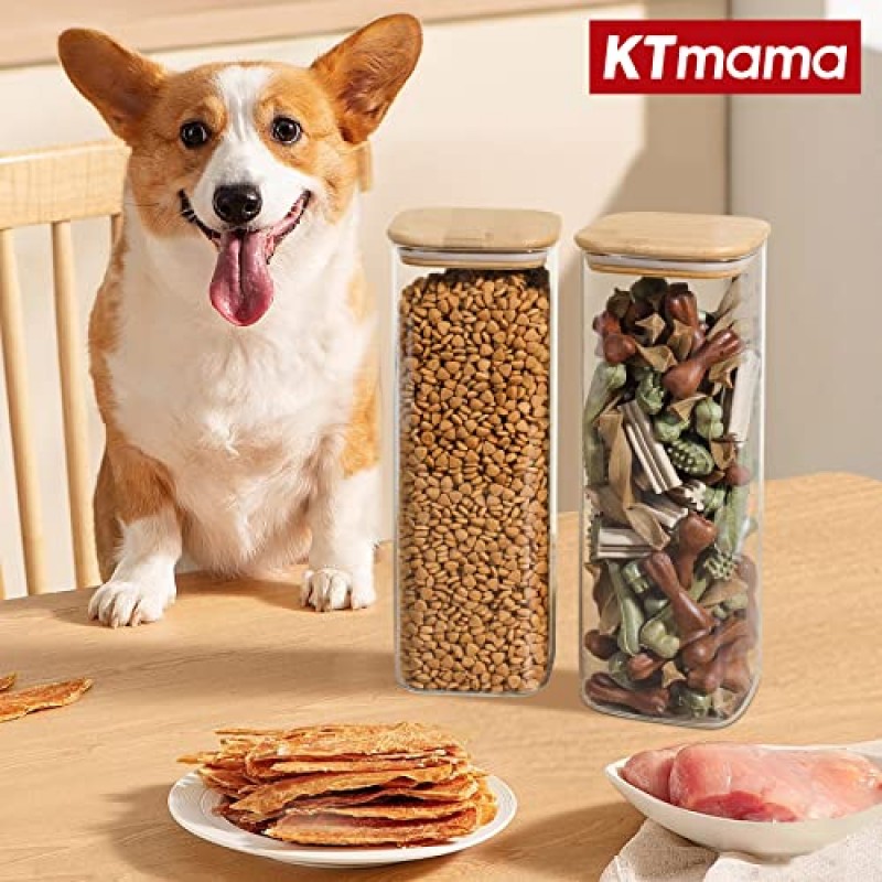 KTMAMA 대나무 뚜껑이 있는 밀폐 식품 저장 용기, 주방 식료품 저장실 정리용 키 큰 유리 저장 용기 3개 세트, 시리얼, 스파게티, 파스타, 국수, 설탕(71온스)에 이상적
