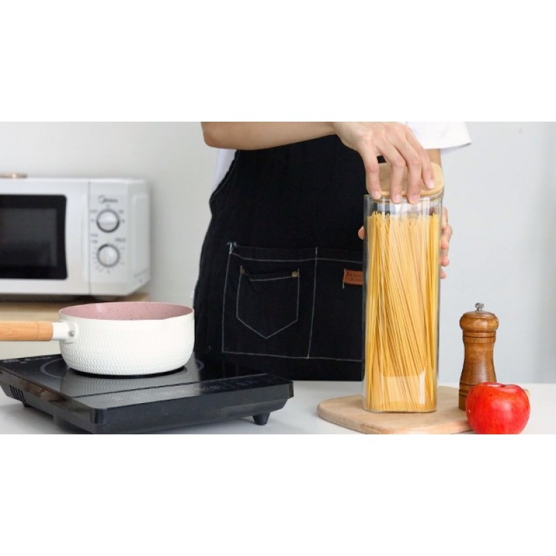 KTMAMA 대나무 뚜껑이 있는 밀폐 식품 저장 용기, 주방 식료품 저장실 정리용 키 큰 유리 저장 용기 3개 세트, 시리얼, 스파게티, 파스타, 국수, 설탕(71온스)에 이상적