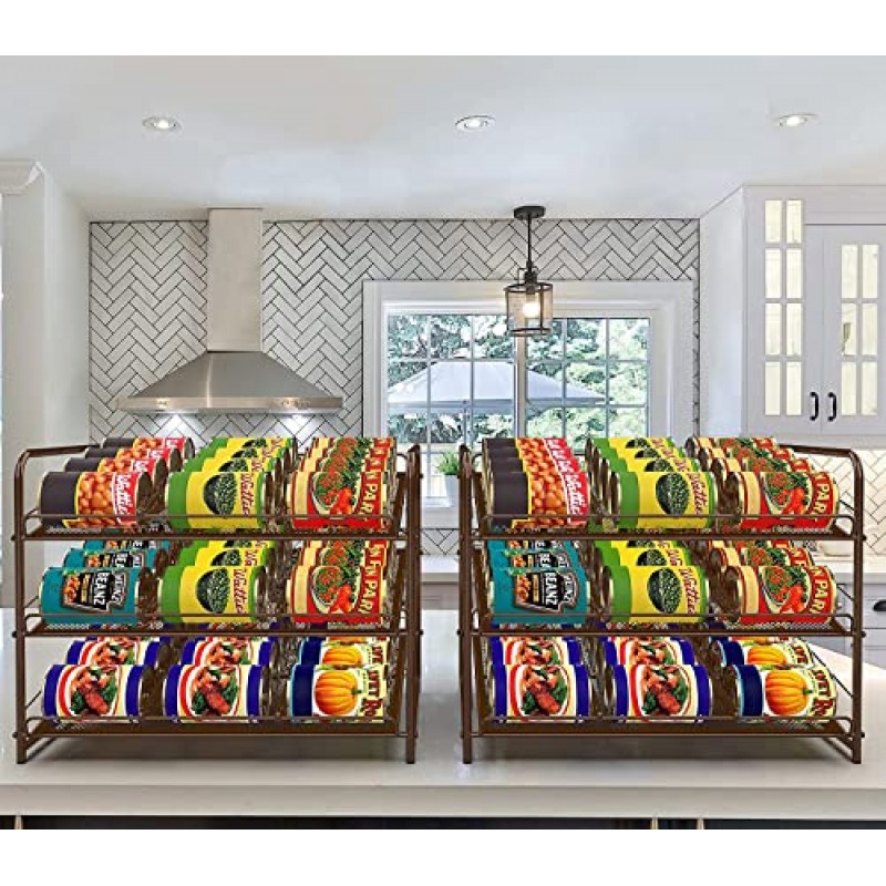 심플한 트렌드의 3단 스택형 캔 랙 정리함, 주방 캐비닛 또는 식료품 저장실용 메쉬 캔 보관 디스펜서, 청동